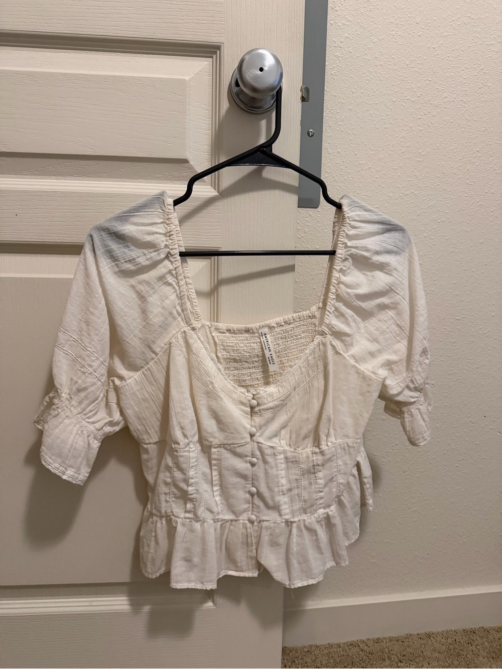 American Eagle Outfitters Cream Button-Front Peasant Blouse